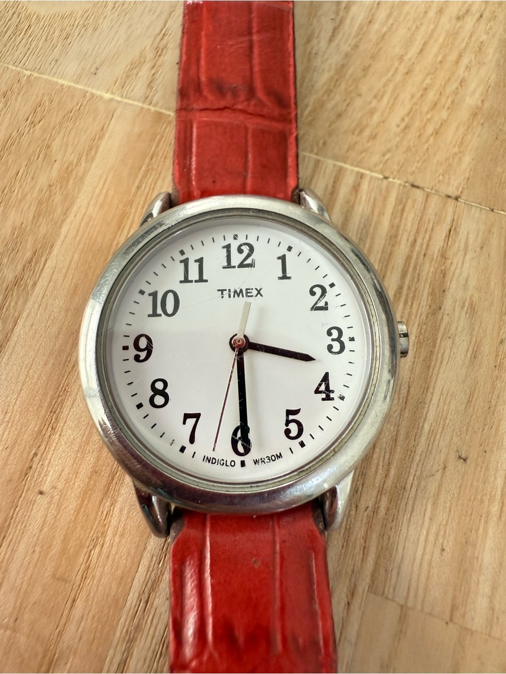 Timex ladies silver tone red leather watch NEW BATTERY